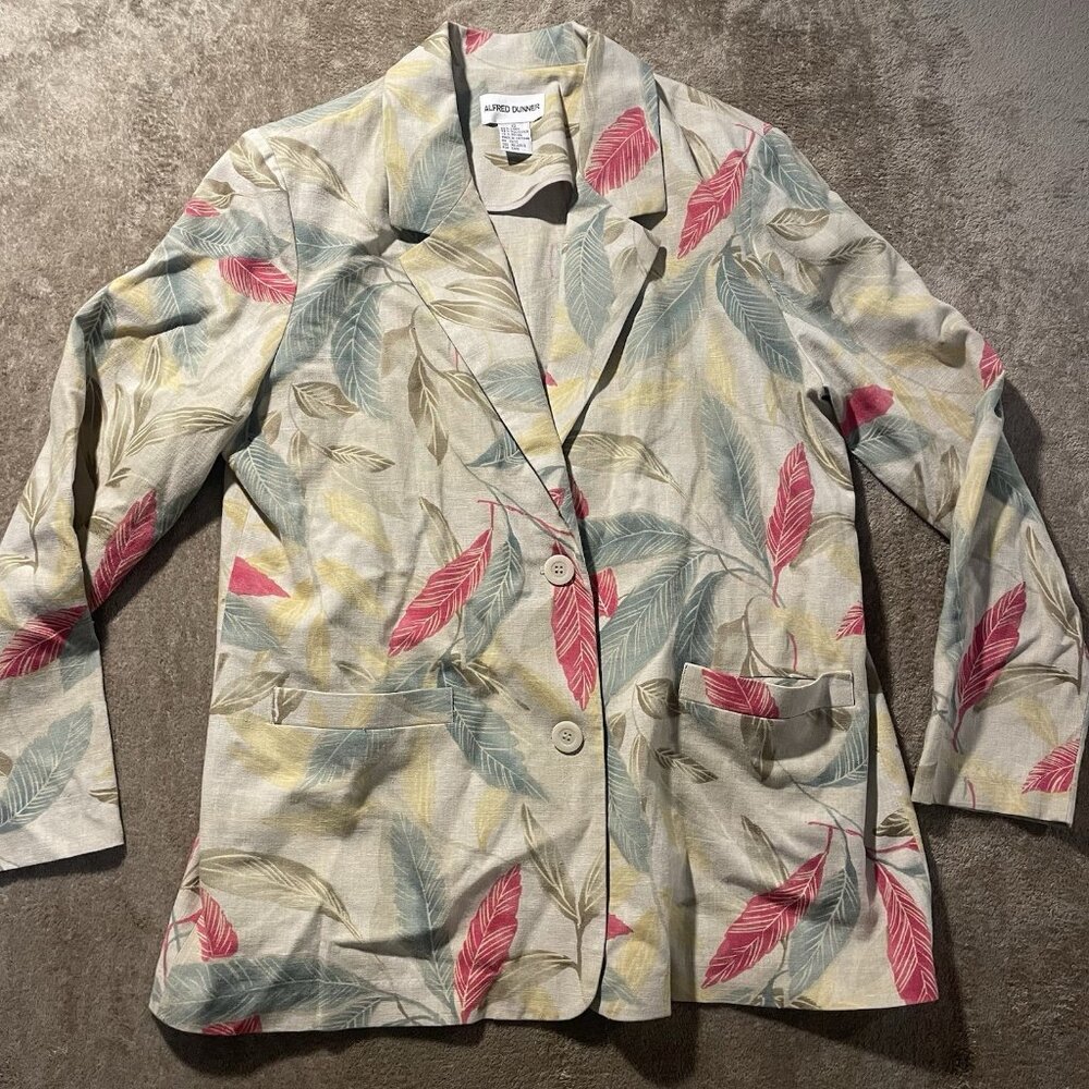 Alfred Dunner Blazer Womens 12 Linen Jacket Beige Leaves Coastal Multicolor